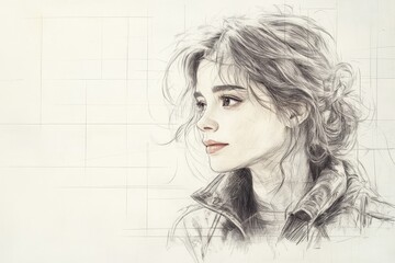 Aufkleber - Woman with tousled hair looking contemplatively to the side in a soft sketch style, showcasing her expressive features and gentle aura