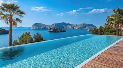 Wall Mural - a luxury pool with the view on the mountains palms and beautiful blue sea, the weather is sunny and 