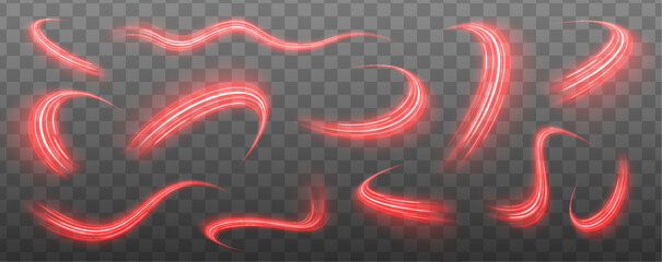 Wall Mural - set red neon speed line wave – glowing curved fire path trace lines and light trails for modern digi