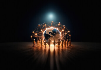 Fototapete - Silhouetted figures encircle a glowing globe, symbolizing global connection and unity within a digital network in a dark abstract space.