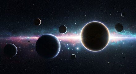 Wall Mural - planets orbiting in deep space with starfield and nebula background