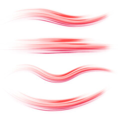 Poster - Shiny fiery red neon stripes on white transparent background PNG. Vivid curved light trails and flashing red light effects. Vector element on black background for stunning digital creations.	