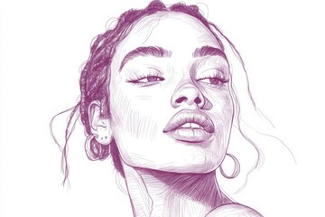 Aufkleber - Portrait of a woman with braided hair and hoop earrings expressing confidence and elegance in a minimalist style