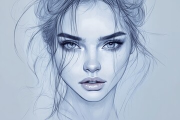 Aufkleber - Artistic portrait of a young woman with expressive eyes and soft features in a minimalistic style, showcasing elegance and beauty