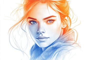Aufkleber - Artistic portrait of a young woman with captivating features and colorful tones, showcasing unique artistic expression