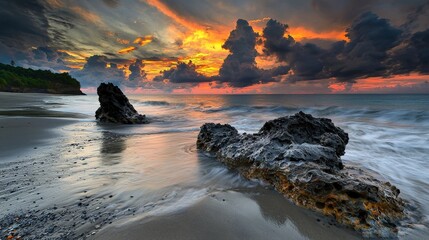 Wall Mural - dramatic sunset over rocky beach coastal landscape nature photography serene seaside wide angle tran