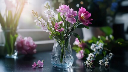 Aufkleber - Vibrant flower arrangement in glass vase cozy indoor space floral photography soft natural light close-up perspective