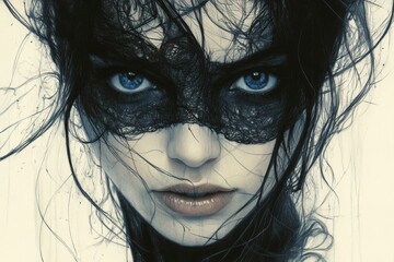 Poster - Artistic portrait of a woman with lace mask and striking blue eyes in a creative style