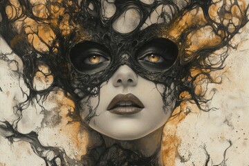 Leinwandbilder - Fascinating art piece depicting a woman with intricate mask and enchanting eyes in a surreal, mystical environment