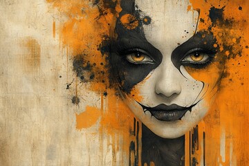 Poster - Vivid art of a woman with striking face paint in orange and black tones on a textured background