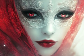 Poster - Mysterious figure with ornate mask and vibrant red veil in an ethereal setting