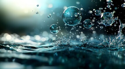 Poster - Bubbles burst in a dreamy misty landscape water surface abstract art tranquil environment close-up view fantasy concept
