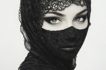 Poster - Elegant portrait of a woman wearing intricate black lace covering her face in black and white tones