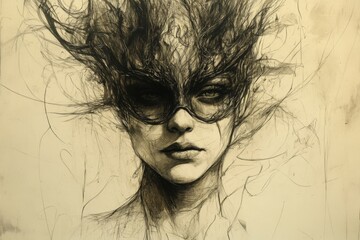 Aufkleber - Intricate artistic portrait of a woman with a detailed mask and abstract hair design