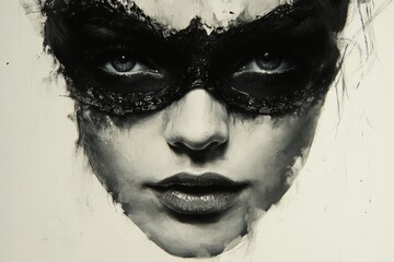 Poster - Mysterious portrait of a woman wearing a dark mask with striking eyes and an artistic style