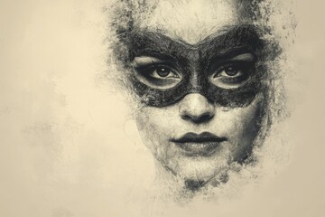 Leinwandbilder - Mysterious woman wearing a lace mask gazes with intensity against a textured background