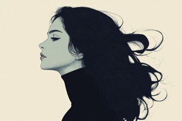 Poster - Woman with flowing hair captures the essence of tranquility in a minimalistic portrait