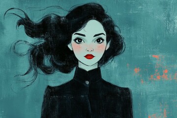 Poster - Portrait of a young woman with flowing black hair and bold red lips against a teal background
