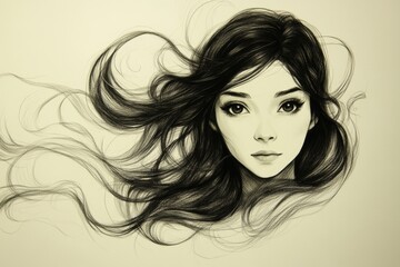 Aufkleber - Beautiful portrait of a woman with flowing hair and expressive eyes, showcasing artistic skill and creativity in a minimalist style