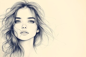 Poster - Delicate pencil sketch of a young woman with flowing hair and expressive eyes