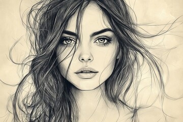 Poster - Captivating portrait of a young woman with flowing hair and expressive eyes captured in a detailed black and white sketch