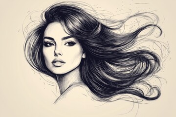Aufkleber - Elegant sketch of a woman with flowing hair captured in soft, expressive lines showcasing beauty and grace