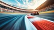 © maxximmm - An image of racing track with car driving on it. Motion of track circuit in motion race. A blurred image of racing grandstand at the stadium. A picture of a racecourse featuring a car on it lifestyle.