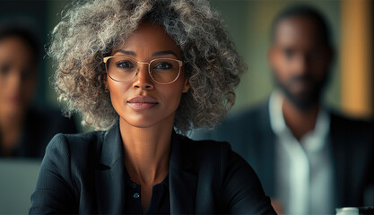 Wall Mural - A diverse team gathered around a modern office table, engaged in a collaborative meeting. A confident woman leads the discussion, dressed in casual yet professional attire.