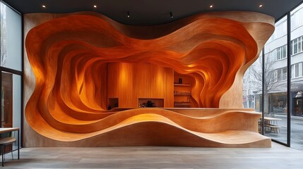 Leinwandbilder - Striking wooden architectural sculpture with dynamic wavy organic forms adorns the sleek modern lobby interior of a museum art gallery or showroom reception area