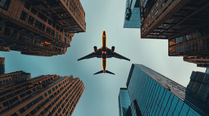 Aufkleber - An airplane flying between skyscrapers in a modern metropolis. View from below of an airplane in a blue cloudless sky.