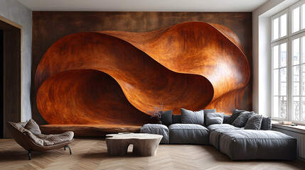 Poster - Surreal and abstract organic waveform interior design with fluid sculptural furniture natural textures and a calming serene atmosphere  The space has a contemporary minimalist aesthetic with an feel