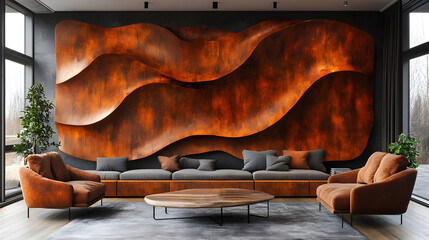 Aufkleber - Warm and Inviting Modernist Abstract Wall Art Decor in Cozy Contemporary Living Room Interior with Comfortable Sofa Furniture and Natural Lighting from the Window