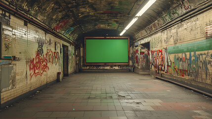 Poster - old abandoned factory with conference room or meeting room that has a screen with a green screen