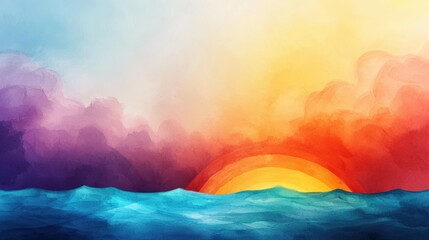 Poster - A painting of a sunset with a rainbow and a sun