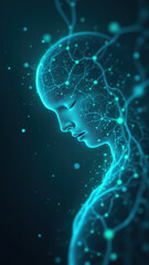 Wall Mural - The image features a stylized depiction of a human head with a glowing brain encircled by a network of neurons, symbolizing VNS, or Vagus Nerve Stimulation.