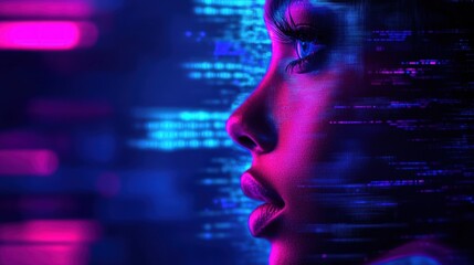 Woman's profile, neon glow, coding background, digital art, tech concept