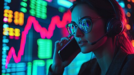 neon data exploration: a young woman, bathed in the light of a vivid holographic display, scrutinize