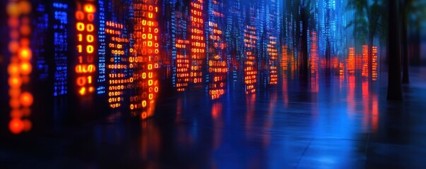 Digital city night, data streams reflect, urban background, tech website