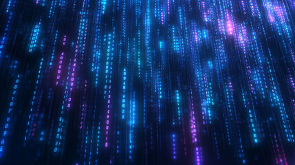Poster - Abstract futuristic background featuring glowing neon binary code and holographic digital data flowing down on a dark blue background, creating a cyber technology concept. This matrix rain effect with