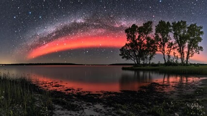 Wall Mural - colorful aurora reflection over tranquil lake at night beside silhouetted trees