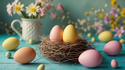 Wall Mural - Easter Celebration Scene With Colorful Eggs Nesting In A Rustic Nest Surrounded By Fresh Flowers And Copy Space For Text