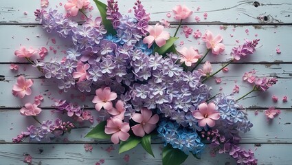 Wall Mural - Spring Floral Arrangement with Lilac and Pink Flowers on White Wooden Background Ideal for Web Banner or Greeting Card Celebrations