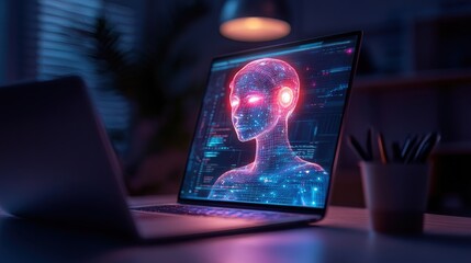 A glowing digital head is displayed on a laptop screen in a dimly lit room. A second laptop is visible in the foreground. Pencils are in a cup beside the computer.