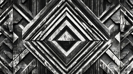 A highly detailed close-up of an abstract geometric pattern with metallic textures in black and silver, featuring intricate square and line motifs creating a futuristic design.