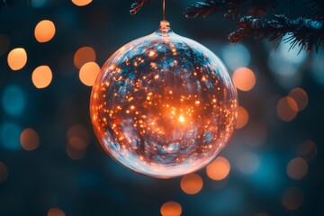 Wall Mural - bright christmas ornament hanging on a pine tree branch reflecting warm holiday lights