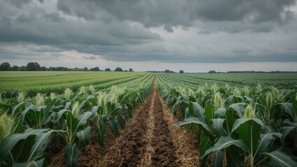 Poster - Expansive Crop Fields with Lush Green Corn Under Dramatic Cloudy Sky on a Summer Day