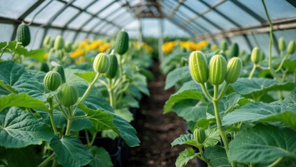 Wall Mural - Cucumber Plants Growing in a Greenhouse Surrounded by Lush Green Foliage and Yellow Blooms in Natural Light