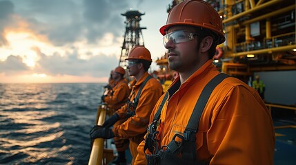 Wall Mural - Engineers and Technicians on Offshore Oil Rig at Sunset, Working in the Oil and Gas Industry, Showcasing Advanced Engineering and Technology Solutions