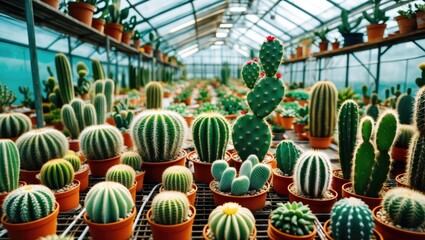 Wall Mural - Vibrant Greenhouse Display of Diverse Cacti and Succulents Ready for Retail Sale and Gardening Enthusiasts