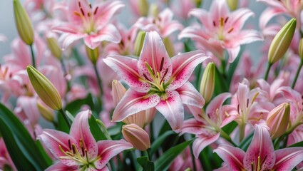 Wall Mural - Vibrant pink lilies in full bloom surrounded by green foliage with ample empty space for text or design elements. Perfect for floral themes.